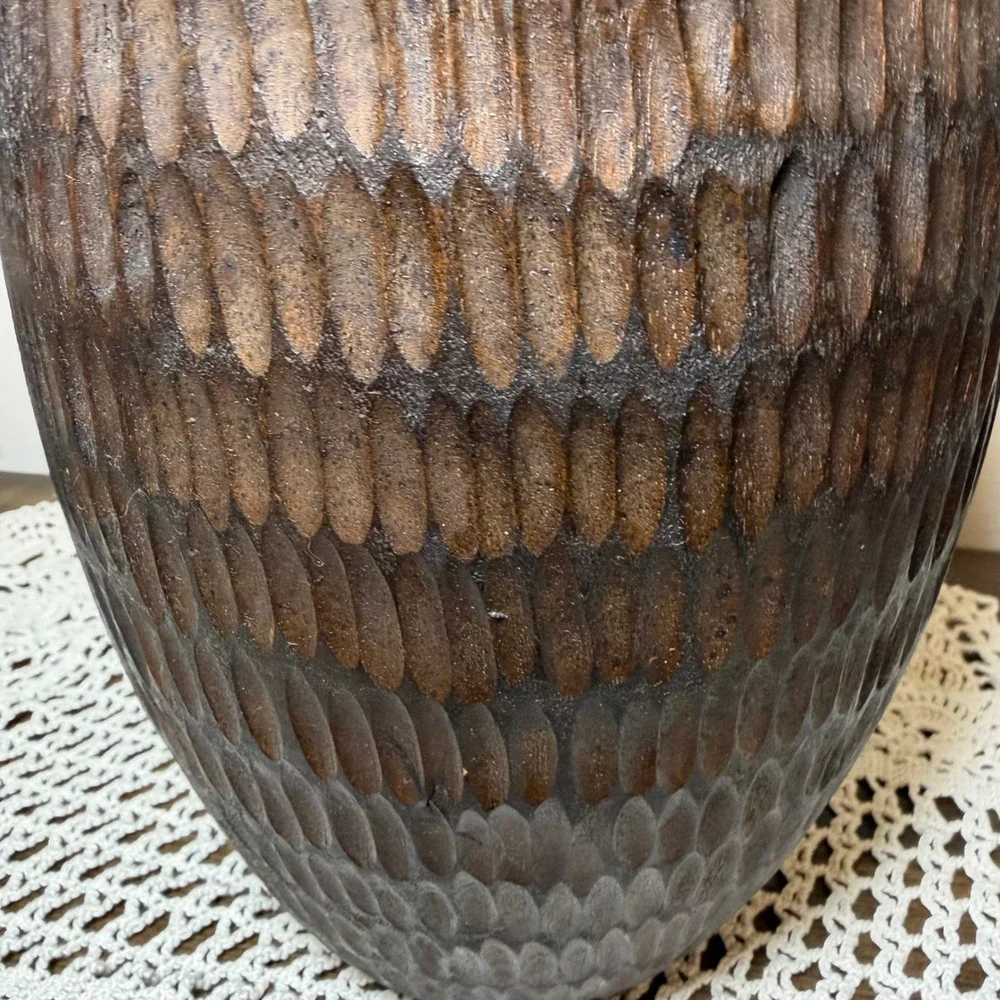 Hand Carved Dark Wood Vase Bevel Ovoid Rustic Boho Decorative Vessel 10 inch